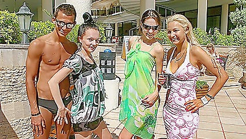 Blonde and brunette teen with pierced pussy and ass on the beach