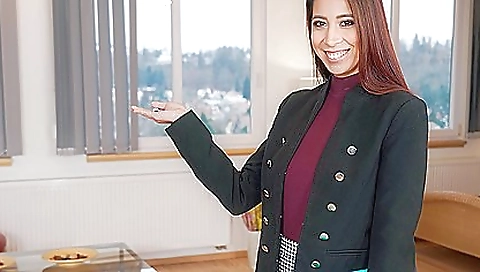 Horny brunette girl in red dress and pink stockings