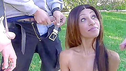 Brunette brunette babe gets a hot cum shot on the lawn