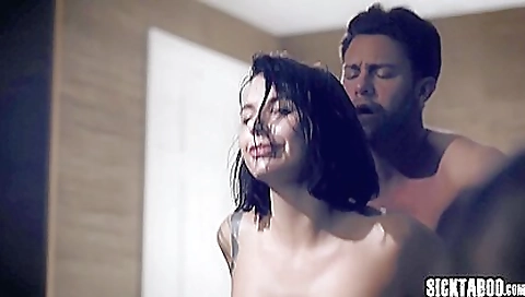 Brunette milf with tattooed pussy fucked by a dirty couple