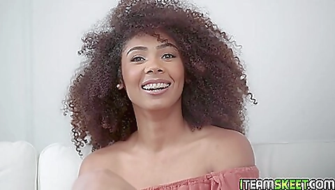 Ebony woman with a sexy face is fucked deep throat