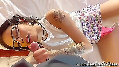 Busty blonde and brunette babe gets fucked in the mouth