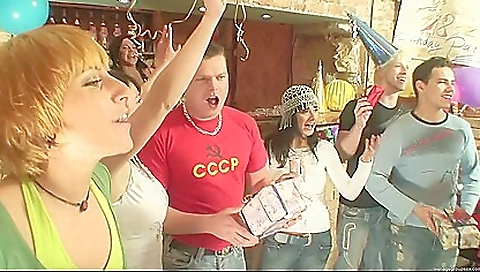 Blonde brunette receives cunnilingus and handjob in a party