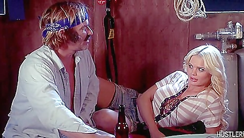 Big tits and shaved pussy milf on her knees sucking cock