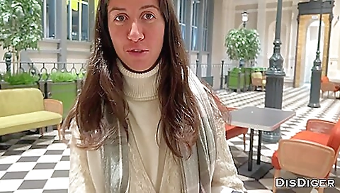 Nude brunette shows her big tits and pussy at the mall