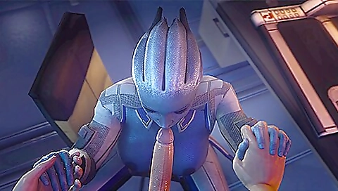 Horny porn star gives a nice blowjob to a cock that she's holding