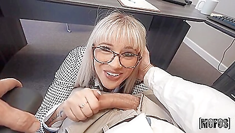 Blondie takes a big cock into her mouth and then her pussy